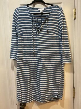 Motherhood Maternity Blue White Striped Lace Up Long Sleeve Dress Size: Small